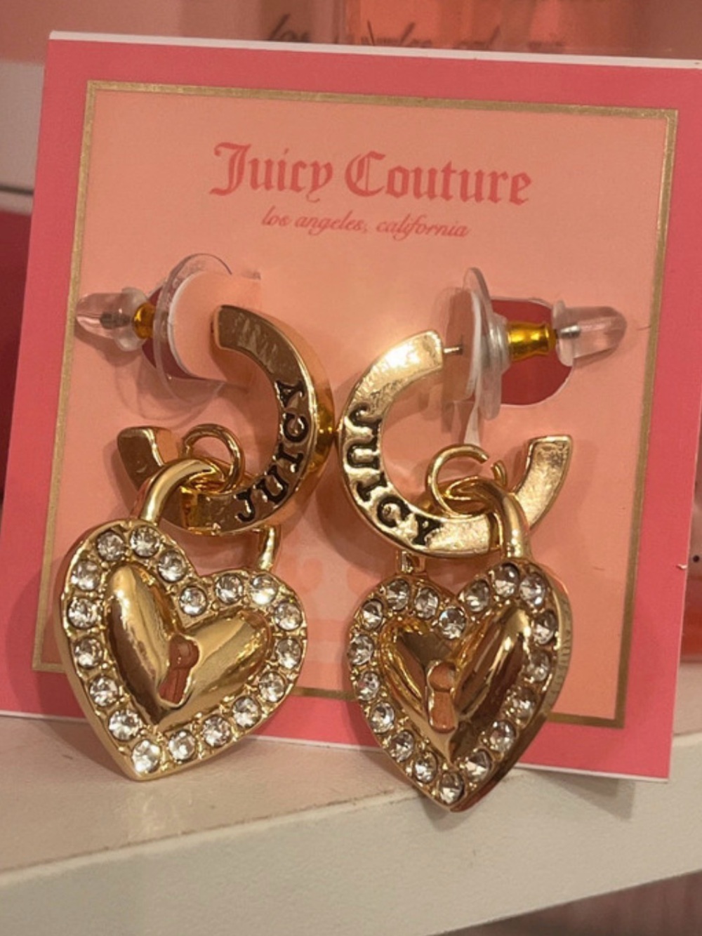 Juicy Couture Gold Heart Crystal Hoop Drop Earrings with Pink Card